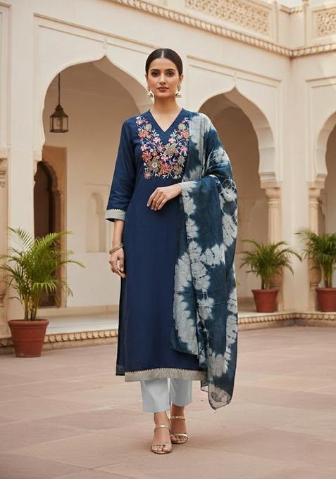 Teal Blue Embroidery Cotton Salwar Kameez