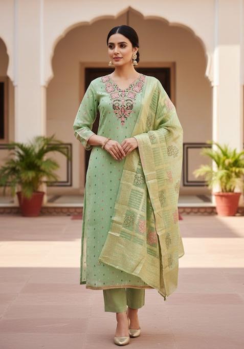 Light Green Embroidery Poly Blended Salwar Kameez