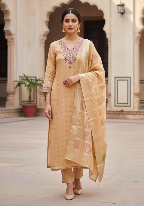 Orange Embroidery Poly Blended Salwar Kameez