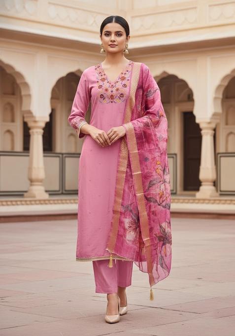 Pink Embroidery Silk Salwar Kameez
