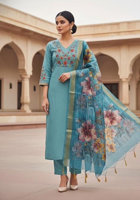 Sea Green Embroidery Silk Salwar Kameez