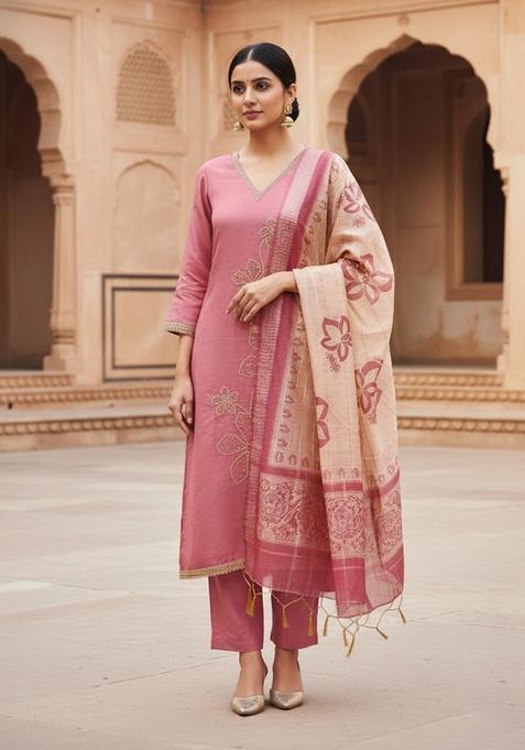 Pink Embroidery Silk Salwar Kameez