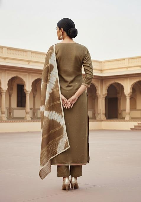 Brown Embroidery Cotton Salwar Kameez