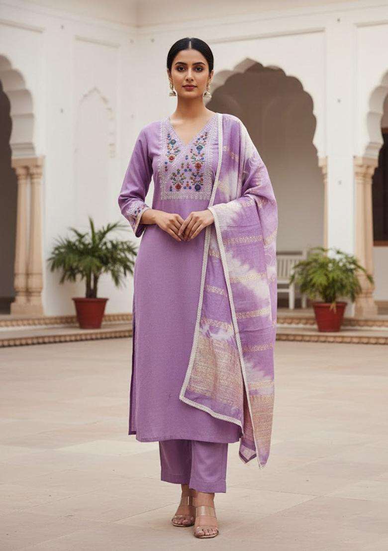 Purple Embroidery Cotton Salwar Kameez - Indya