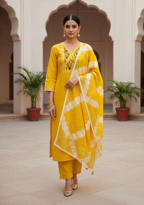 Yellow Embroidery Cotton Salwar Kameez