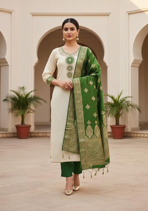 Beige Embroidery Silk Salwar Kameez