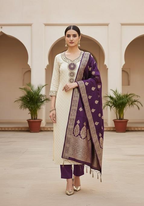 Beige Embroidery Silk Salwar Kameez