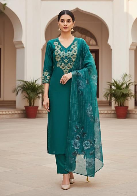 Sea Green Embroidery Silk Salwar Kameez
