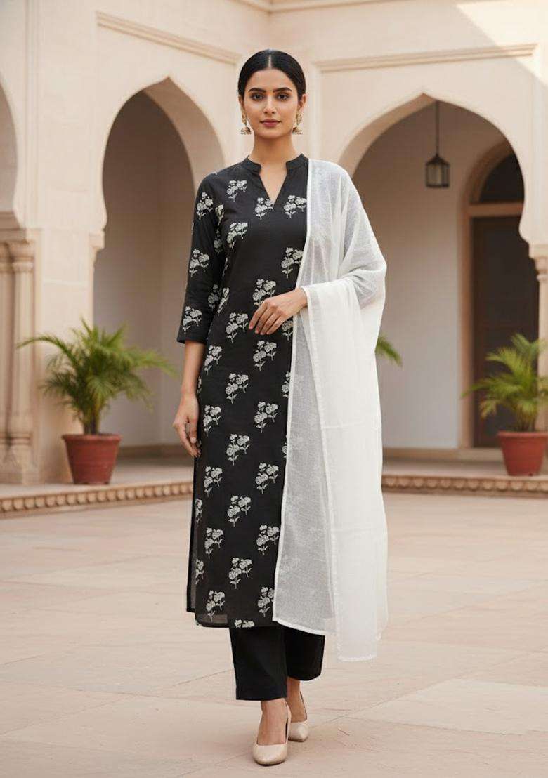 Black Embroidery Cotton Salwar Kameez - Indya