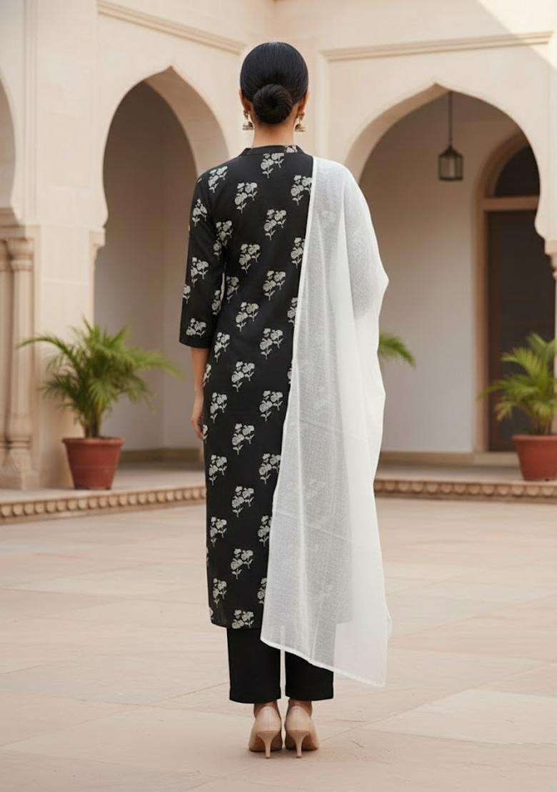 Black Embroidery Cotton Salwar Kameez - Indya