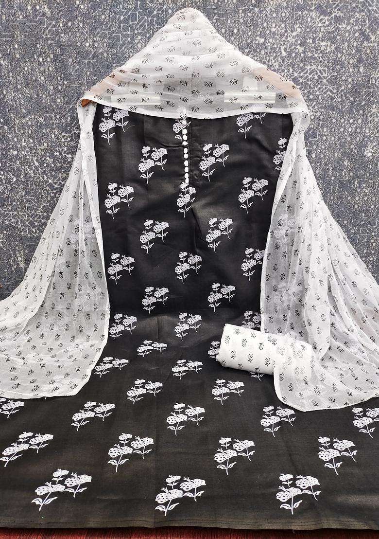 Black Embroidery Cotton Salwar Kameez - Indya