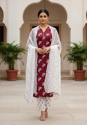maroon Embroidery Cotton Salwar Kameez