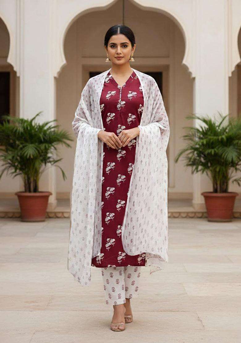 maroon Embroidery Cotton Salwar Kameez - Indya