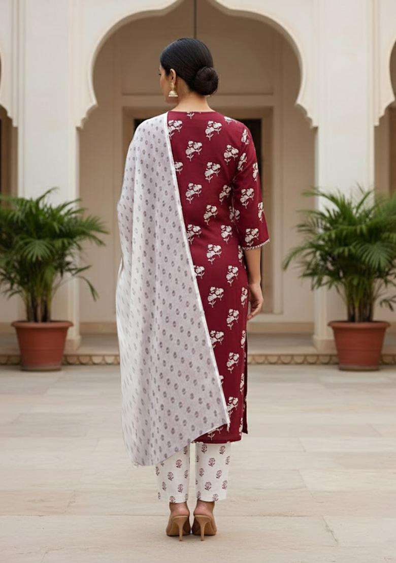 maroon Embroidery Cotton Salwar Kameez - Indya