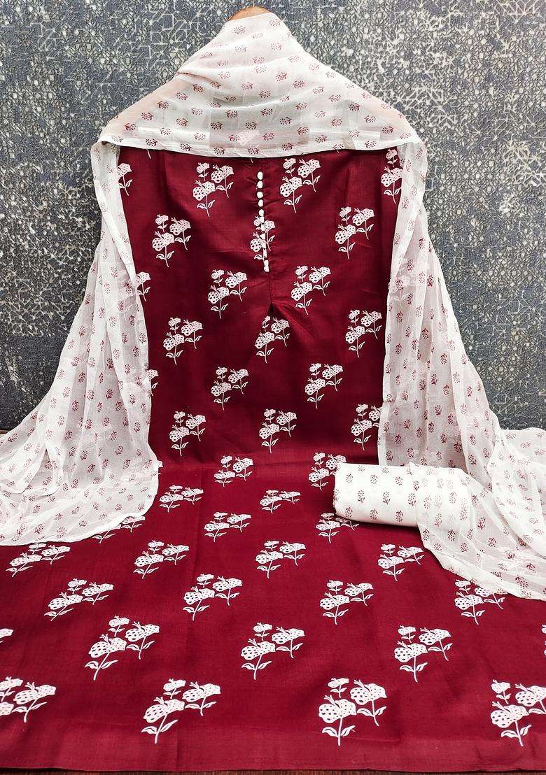 maroon Embroidery Cotton Salwar Kameez - Indya