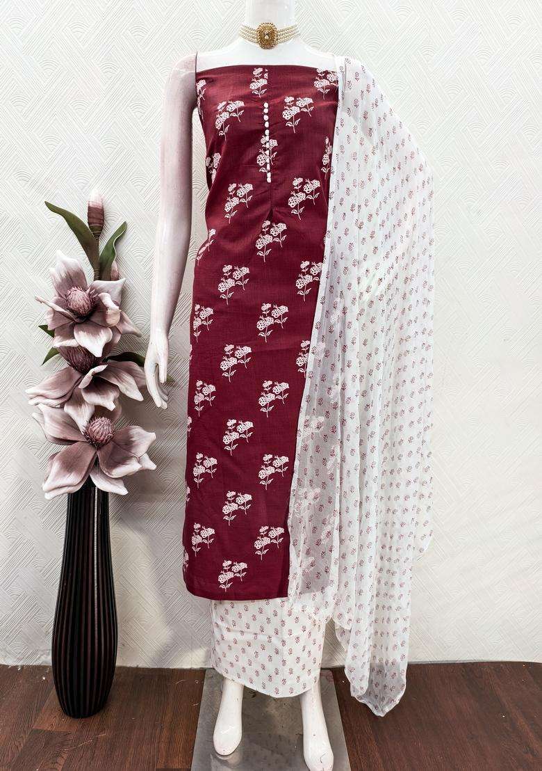 maroon Embroidery Cotton Salwar Kameez - Indya