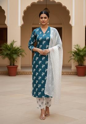 Teal Blue Embroidery Cotton Salwar Kameez