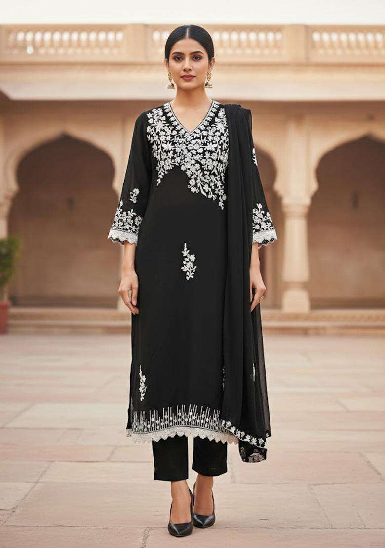 Black Embroidery Georgette Salwar Kameez - Indya