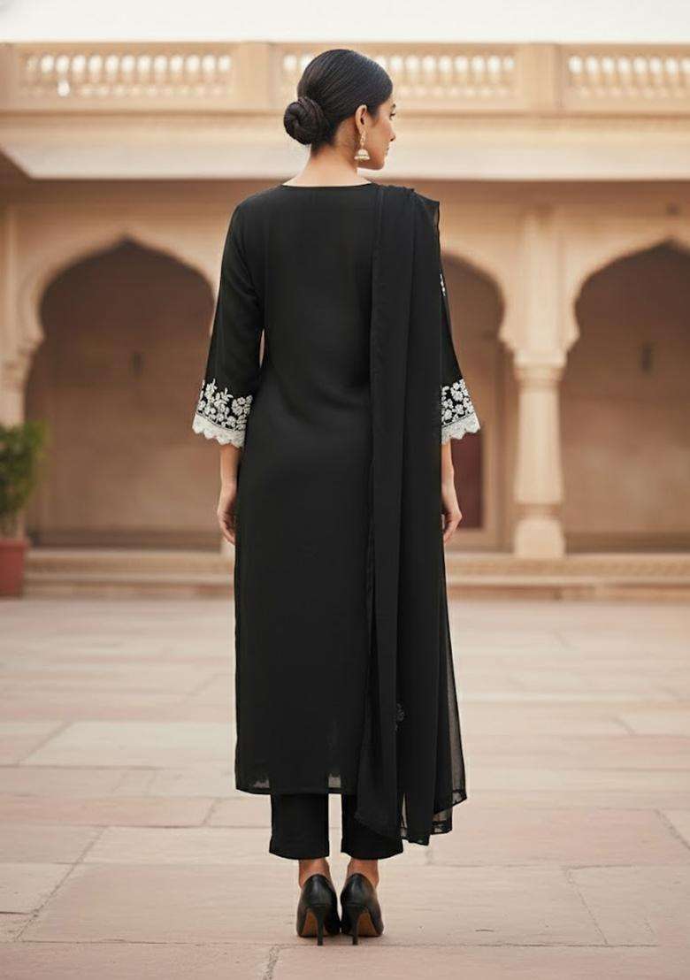 Black Embroidery Georgette Salwar Kameez - Indya