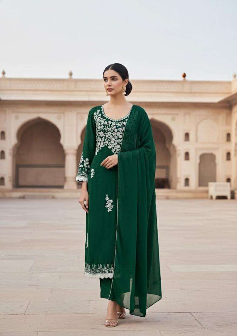 Green Embroidery Georgette Salwar Kameez - Indya