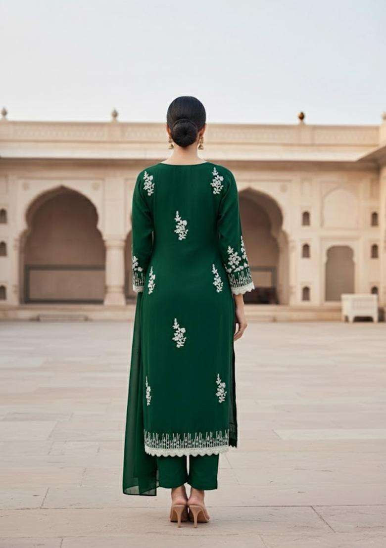 Green Embroidery Georgette Salwar Kameez - Indya