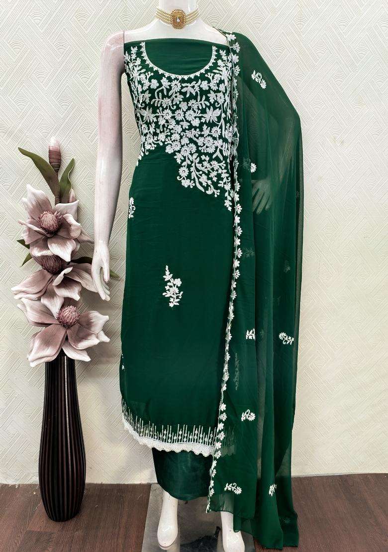 Green Embroidery Georgette Salwar Kameez - Indya