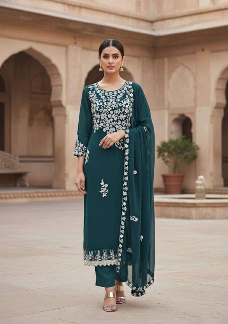 Teal Blue Embroidery Georgette Salwar Kameez - Indya