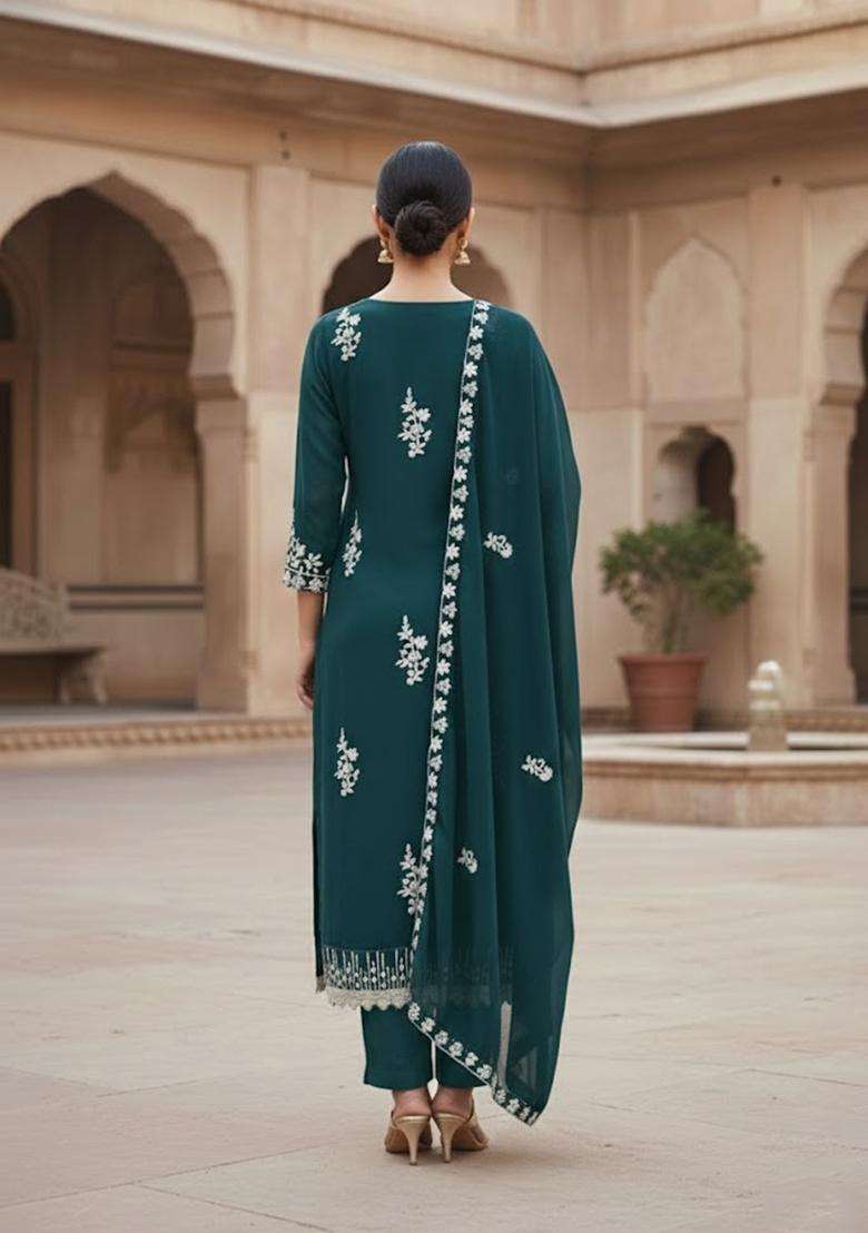 Teal Blue Embroidery Georgette Salwar Kameez - Indya