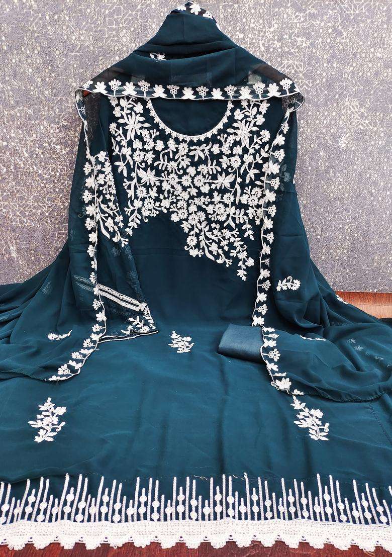Teal Blue Embroidery Georgette Salwar Kameez - Indya