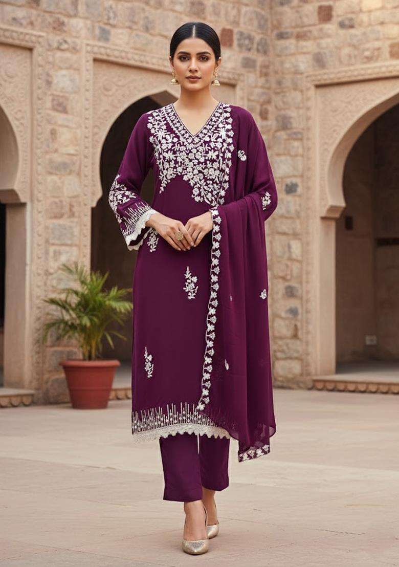 Purple Embroidery Georgette Salwar Kameez - Indya