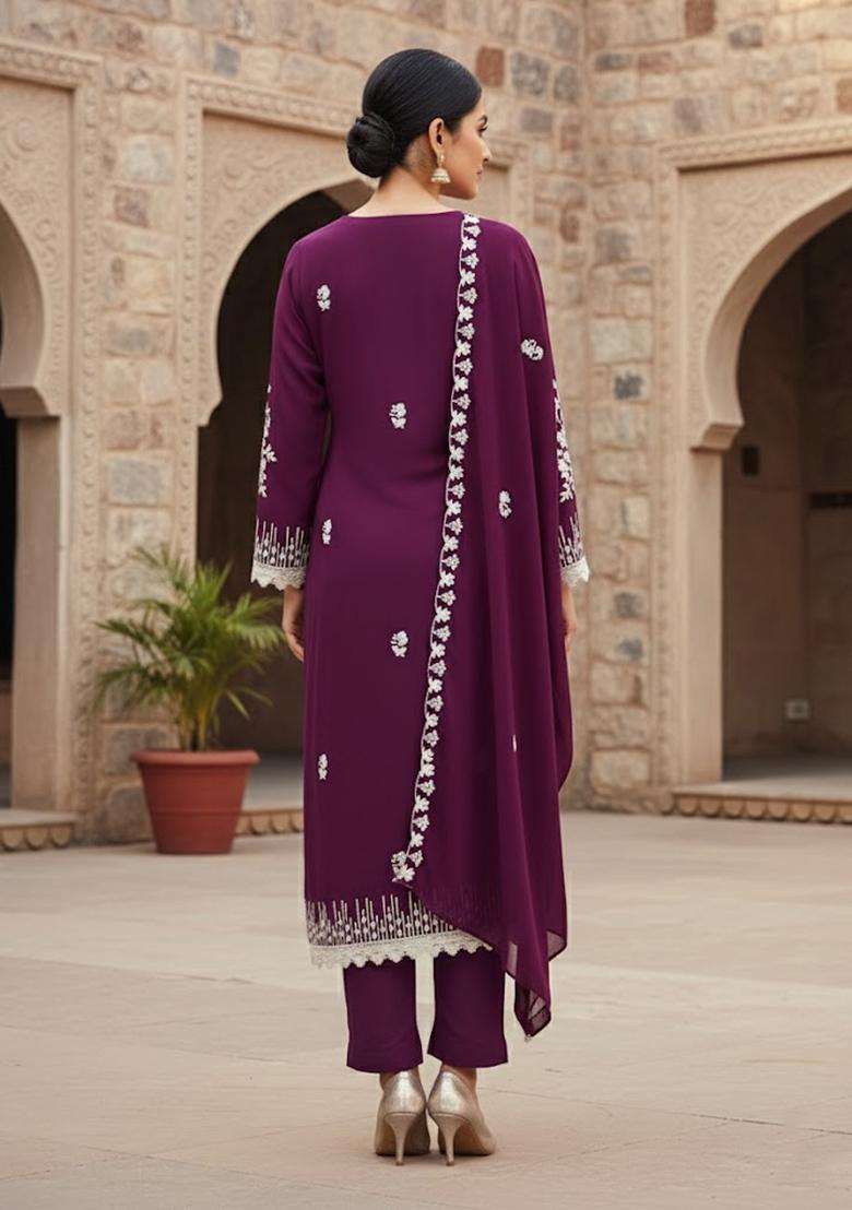 Purple Embroidery Georgette Salwar Kameez - Indya