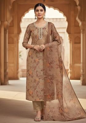 Light Brown Embroidery Cotton Salwar Kameez