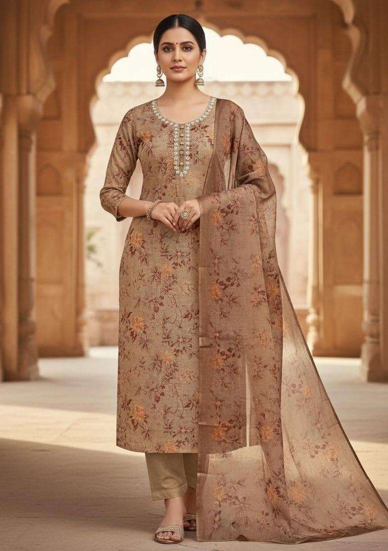 Light Brown Embroidery Cotton Salwar Kameez - Indya