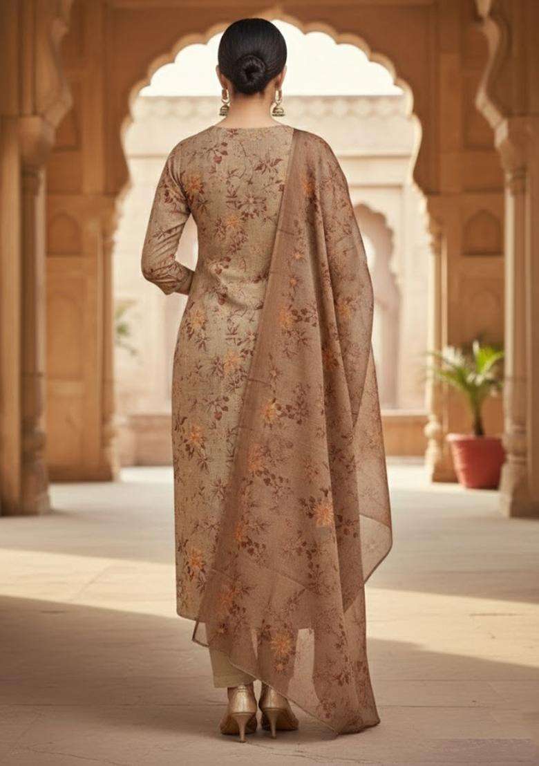 Light Brown Embroidery Cotton Salwar Kameez - Indya