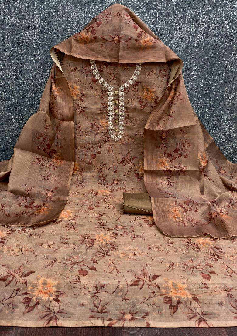 Light Brown Embroidery Cotton Salwar Kameez - Indya