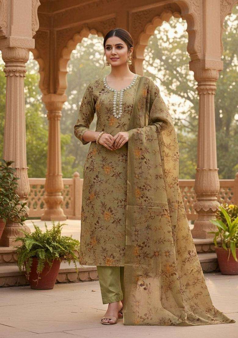Olive Green Embroidery Cotton Salwar Kameez - Indya
