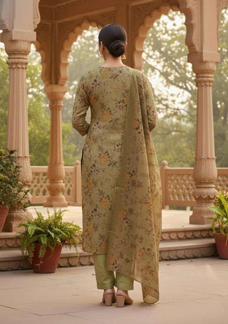 Olive Green Embroidery Cotton Salwar Kameez - Indya