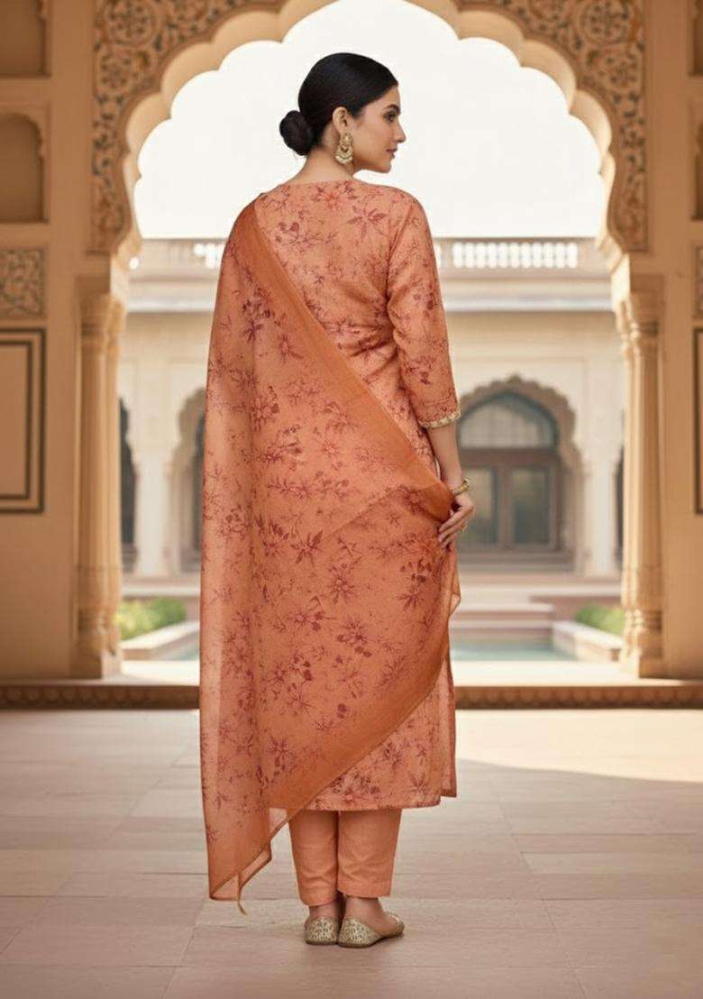 Peach Embroidery Cotton Salwar Kameez - Indya