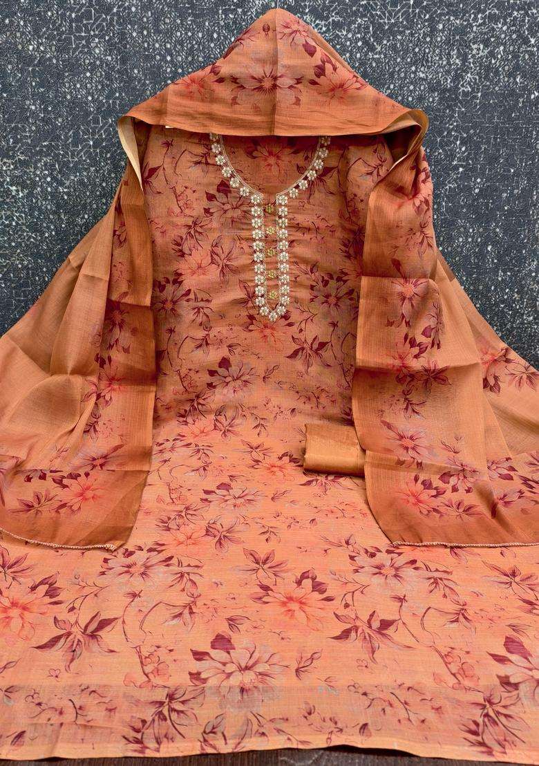 Peach Embroidery Cotton Salwar Kameez - Indya
