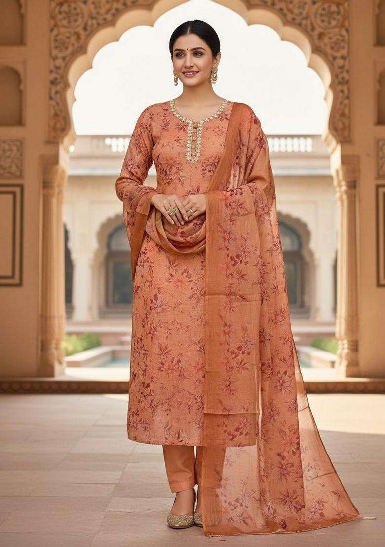 Peach Embroidery Cotton Salwar Kameez - Indya