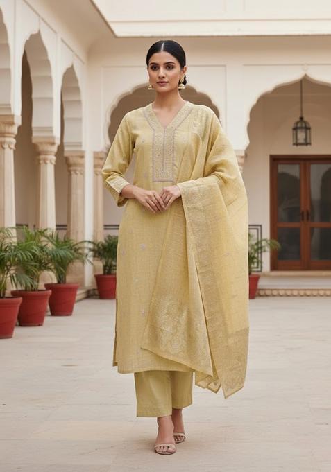 Beige Embroidery Silk Salwar Kameez