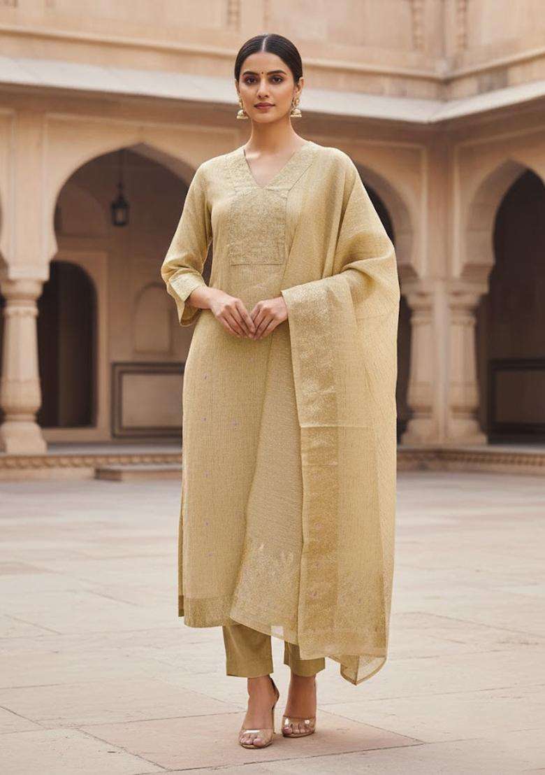 Light Brown Embroidery Silk Salwar Kameez - Indya