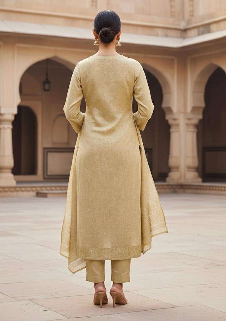 Light Brown Embroidery Silk Salwar Kameez - Indya