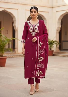 Magenta Embroidery Silk Salwar Kameez