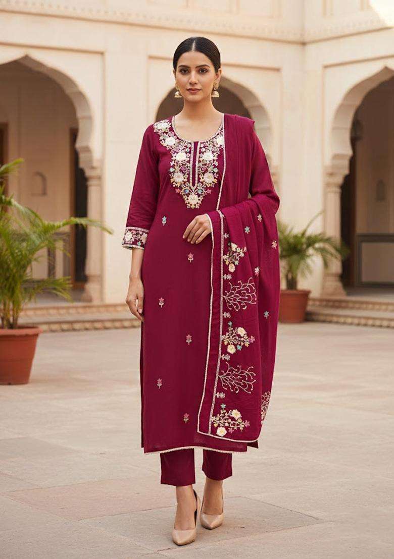 Magenta Embroidery Silk Salwar Kameez - Indya