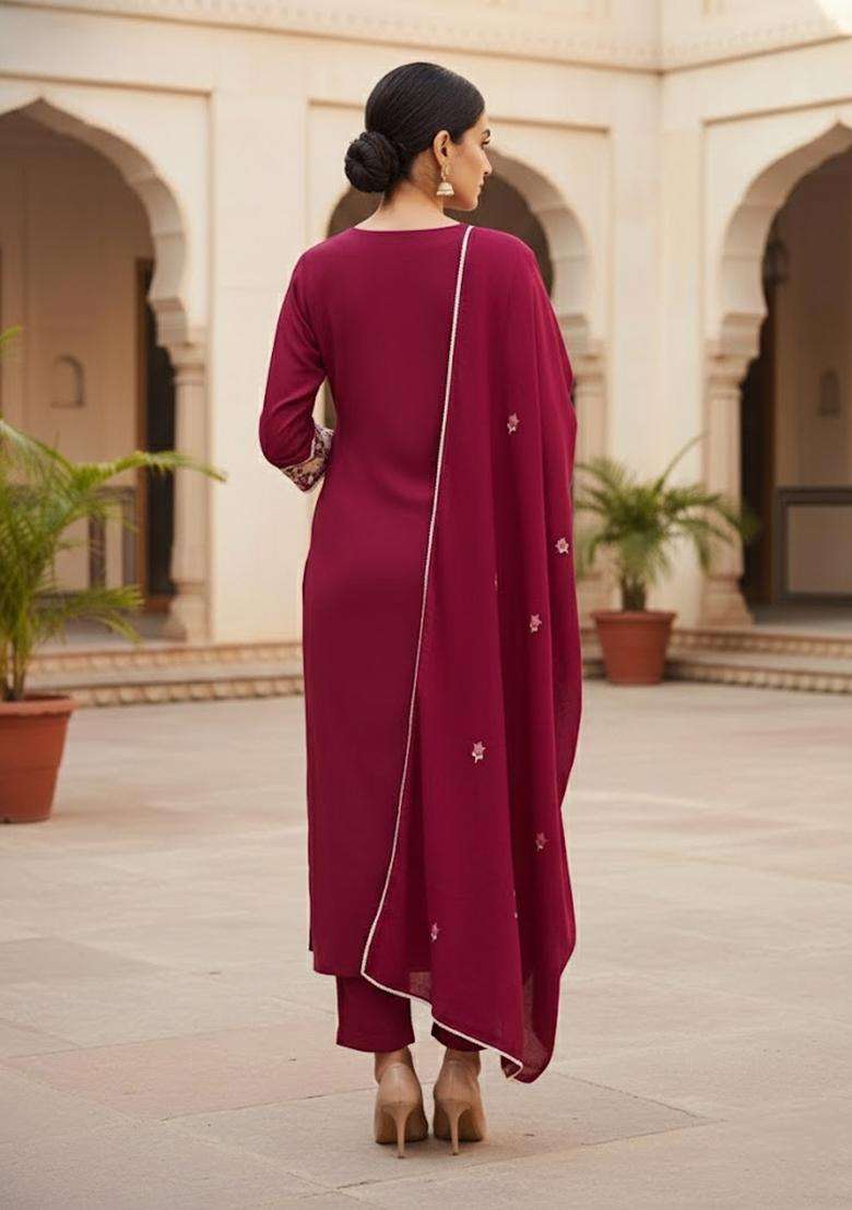 Magenta Embroidery Silk Salwar Kameez - Indya