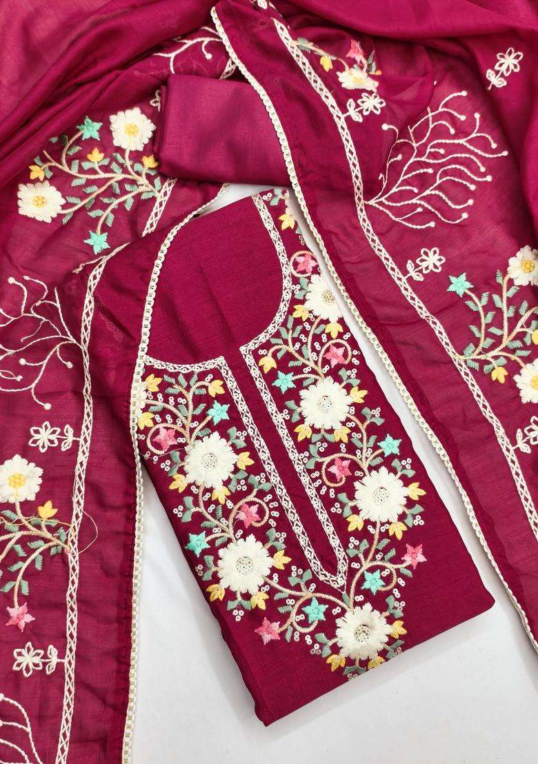 Magenta Embroidery Silk Salwar Kameez - Indya