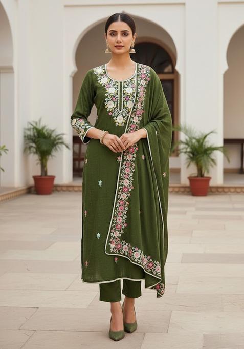 Olive Green Embroidery Silk Salwar Kameez