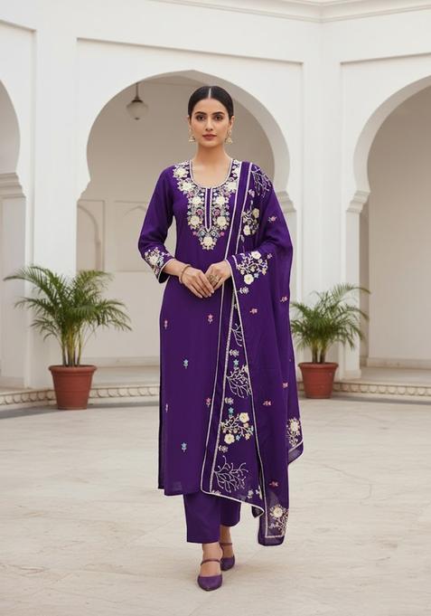 Purple Embroidery Silk Salwar Kameez