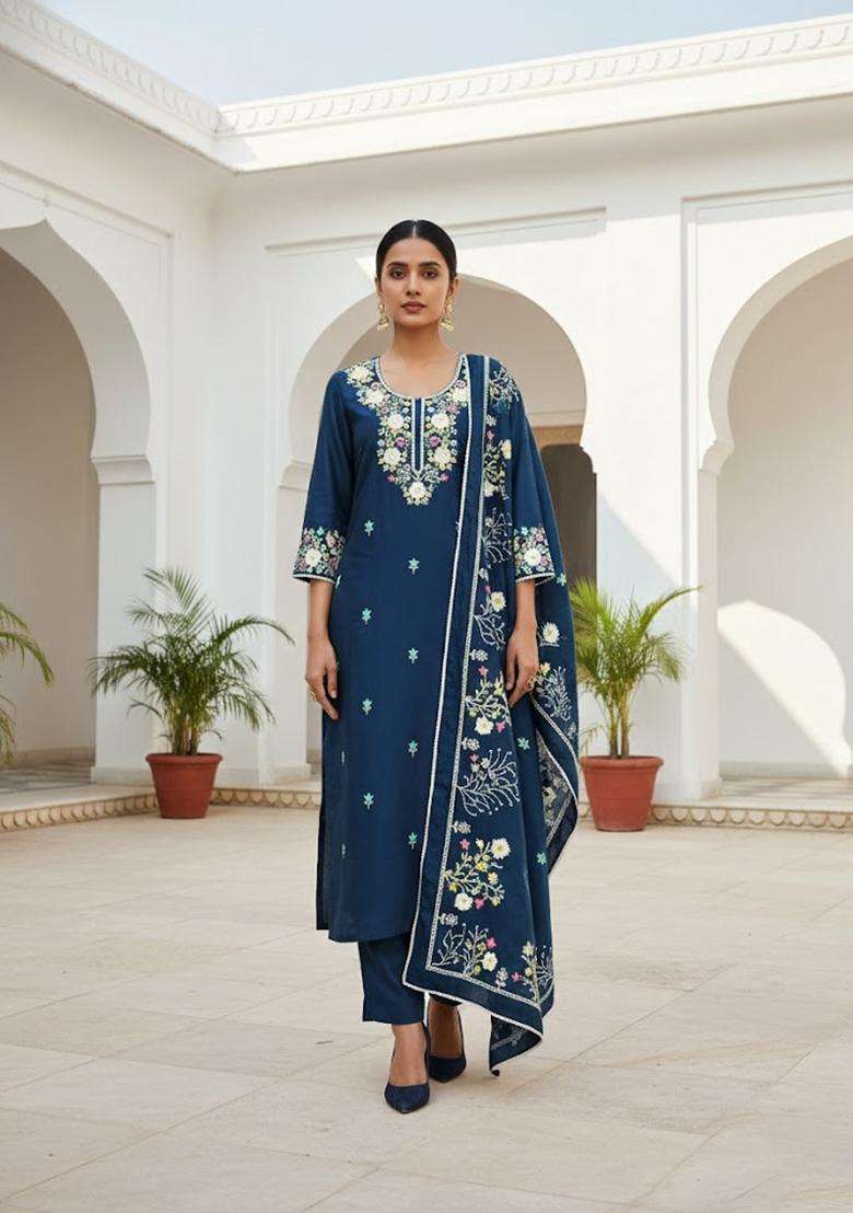 Teal Blue Embroidery Silk Salwar Kameez - Indya